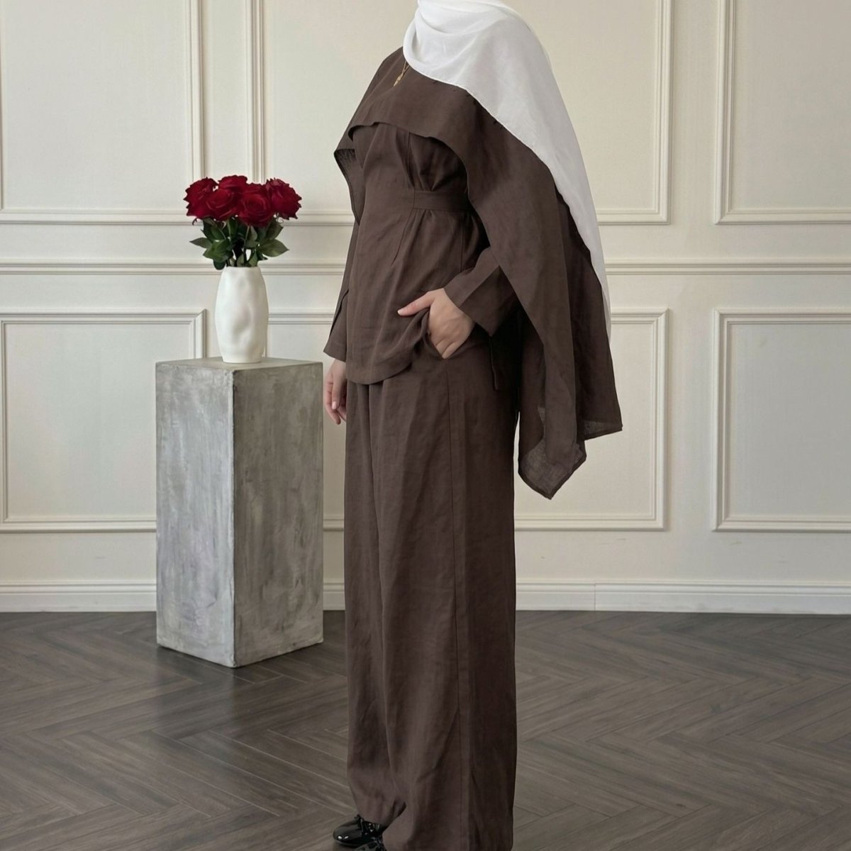 Detachable Shawl Long-Sleeve Top & Wide-Leg Trousers Three-Piece Co-ord Set(MS487) - Mariam's Collection