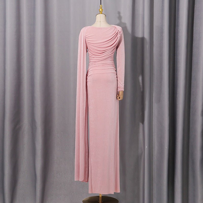 Diagonal Ruched Cape Gown | Asymmetric Draped Long Sleeve Maxi Dress(MS222) - Mariam's Collection