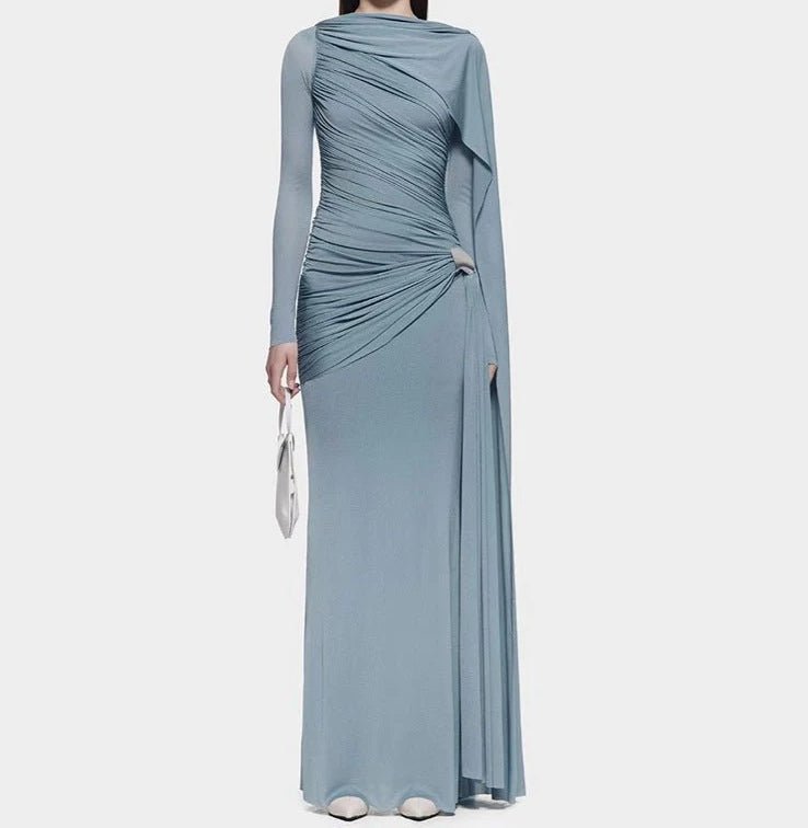 Diagonal Ruched Cape Gown | Asymmetric Draped Long Sleeve Maxi Dress(MS222) - Mariam's Collection