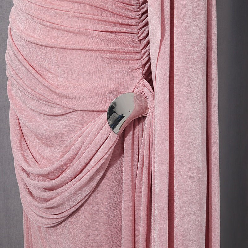 Diagonal Ruched Cape Gown | Asymmetric Draped Long Sleeve Maxi Dress(MS222) - Mariam's Collection