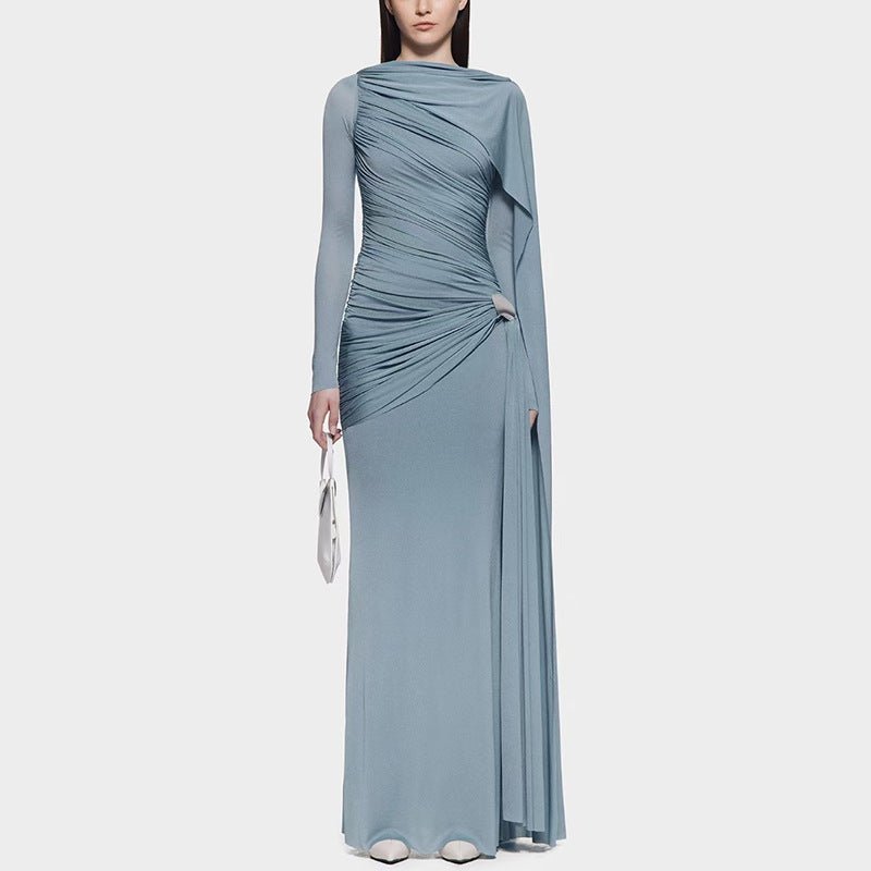 Diagonal Ruched Cape Gown | Asymmetric Draped Long Sleeve Maxi Dress(MS222) - Mariam's Collection