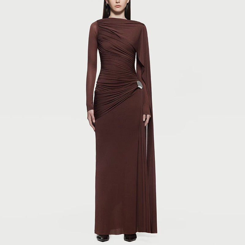 Diagonal Ruched Cape Gown | Asymmetric Draped Long Sleeve Maxi Dress(MS222) - Mariam's Collection