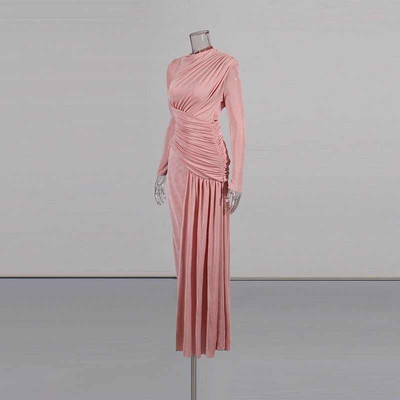 Front view showing diagonal cross-ruching from shoulder to waist on ribbed knit maxi dress