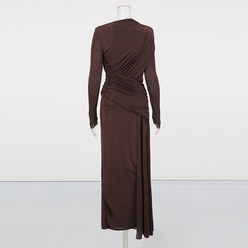 Styled shot of diagonal ruched maxi dress with gold jewellery for a formal occasion look