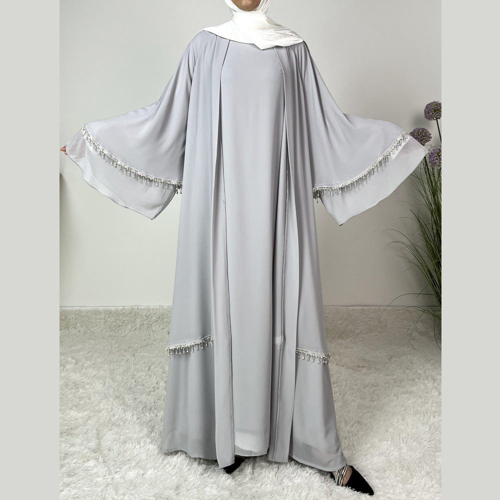 Diamond Beaded Fringe Flare Sleeve Chiffon Maxi Abaya Set. (MOA148) - Mariam's Collection