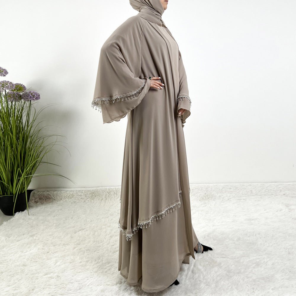 Diamond Beaded Fringe Flare Sleeve Chiffon Maxi Abaya Set. (MOA148) - Mariam's Collection
