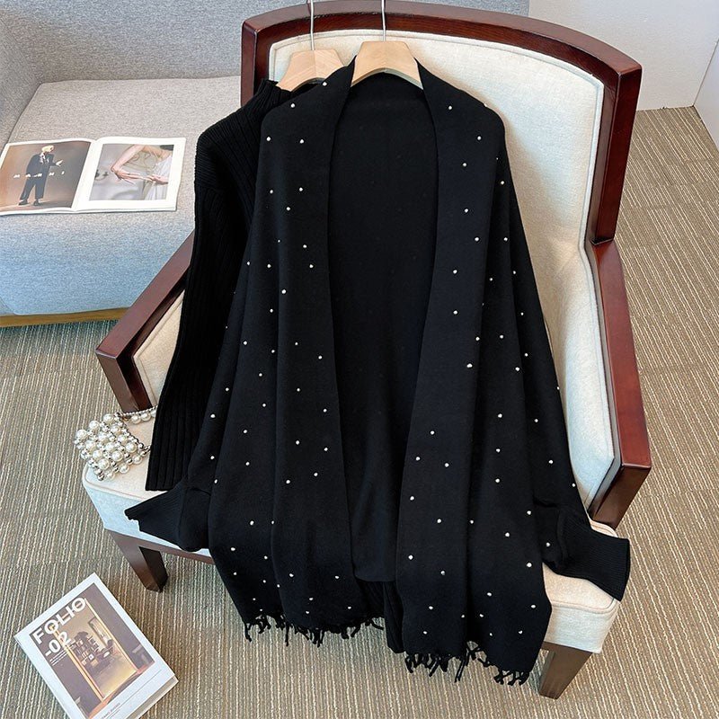 Diamond Embellished Cape Cardigan | Fringe Trim Knit Shawl Sweater(MS211) - Mariam's Collection