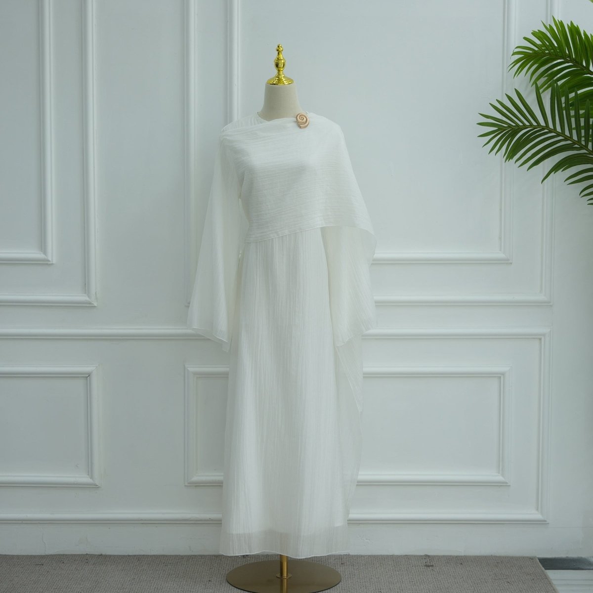 Double - Layer Abaya with Attached Cape | Textured Maxi Dress with Decorative Brooch(MA334) - Mariam's Collection