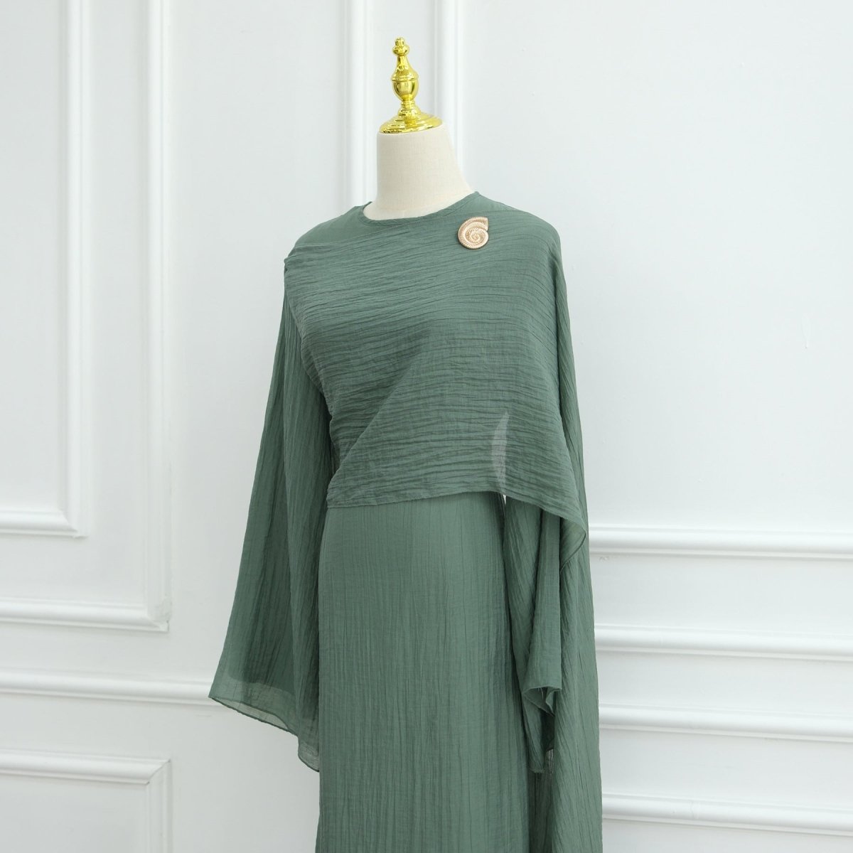 Double - Layer Abaya with Attached Cape | Textured Maxi Dress with Decorative Brooch(MA334) - Mariam's Collection