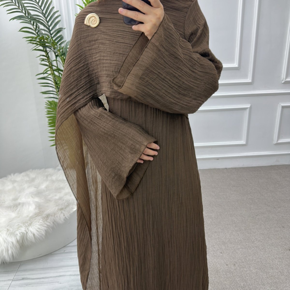 Double - Layer Abaya with Attached Cape | Textured Maxi Dress with Decorative Brooch(MA334) - Mariam's Collection