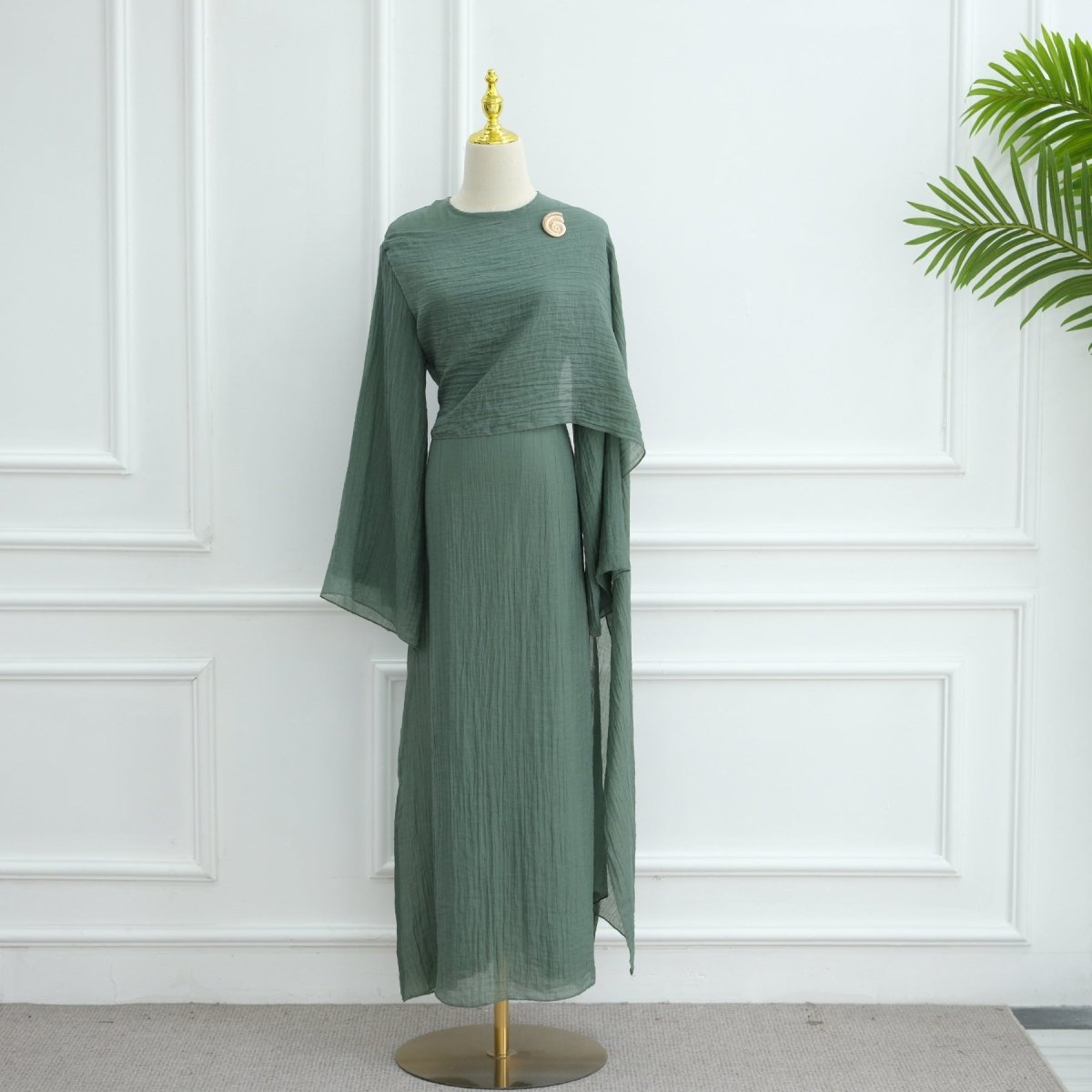 Double - Layer Abaya with Attached Cape | Textured Maxi Dress with Decorative Brooch(MA334) - Mariam's Collection