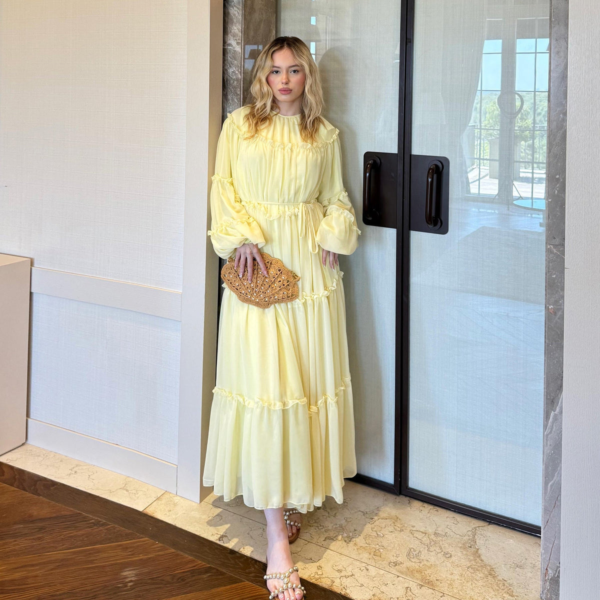 Gathered cuff and sleeve detail on double-layer cake skirt modest dress