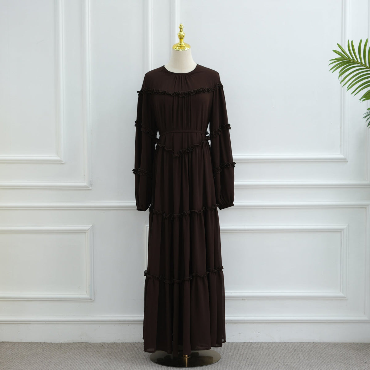 Close-up of double-layer tiered skirt volume from waist to hem