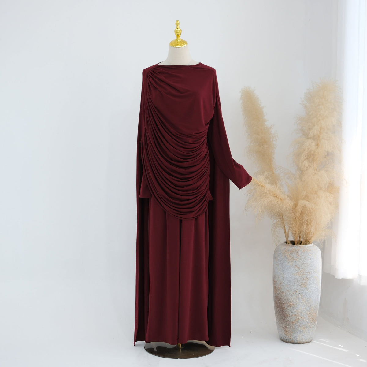 Draped Cape Top & Wide-Leg Trousers Set | Elegant Stretch Two-Piece Outfit(MS586) - Mariam's Collection