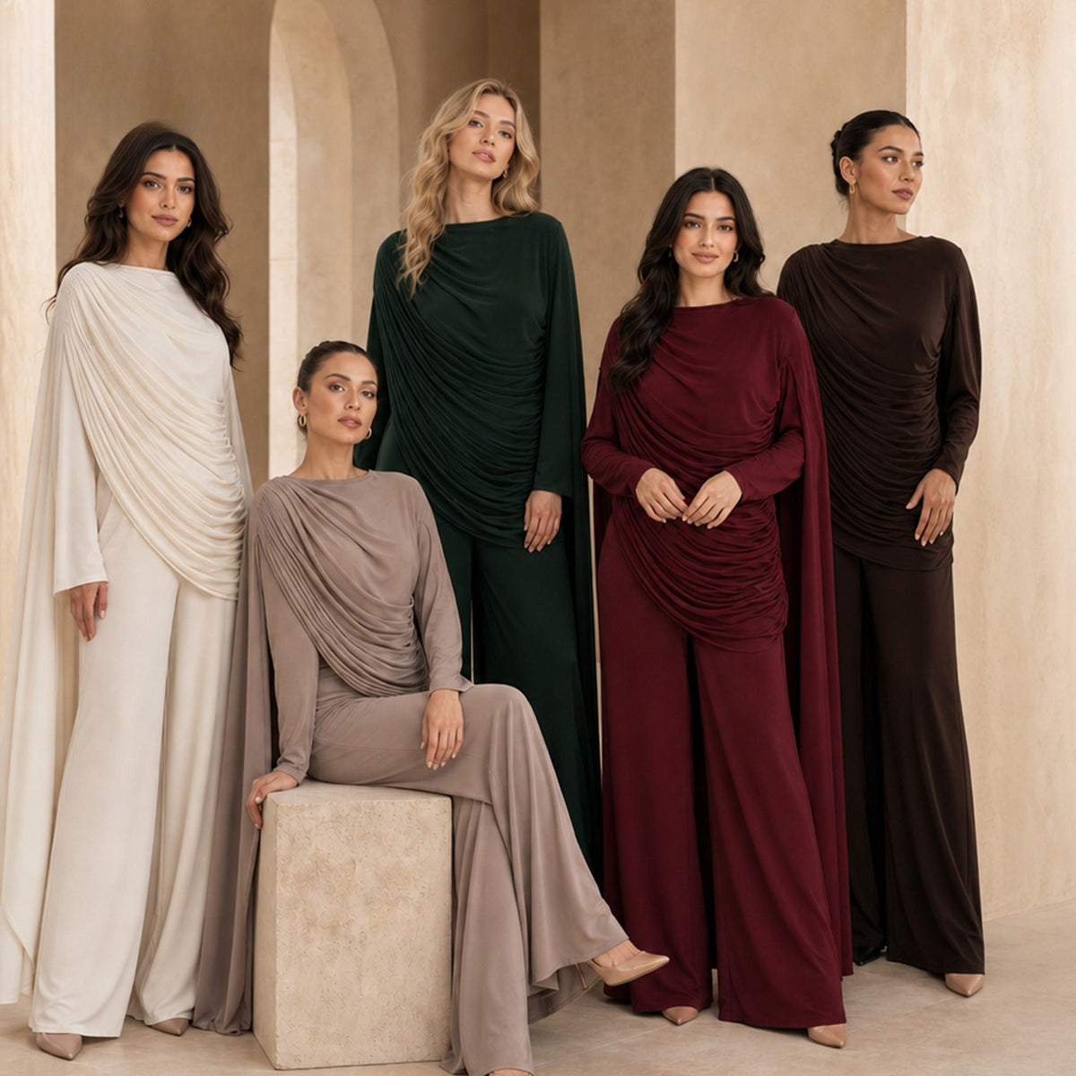 Draped Cape Top & Wide-Leg Trousers Set | Elegant Stretch Two-Piece Outfit(MS586) - Mariam's Collection