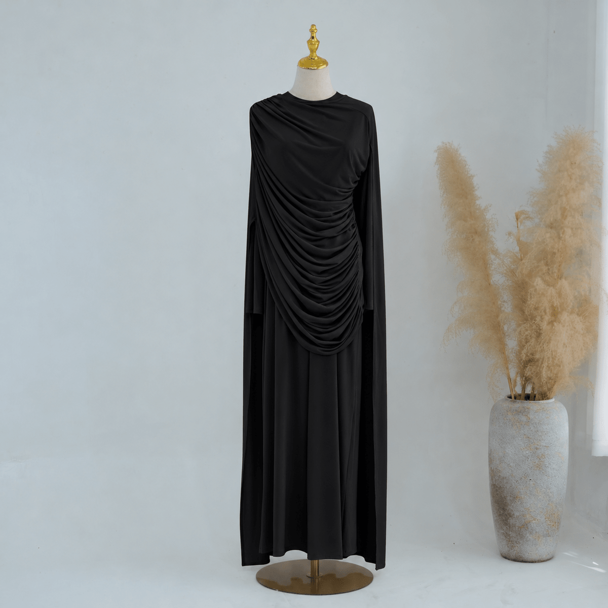 Draped Cape Top & Wide-Leg Trousers Set | Elegant Stretch Two-Piece Outfit(MS586) - Mariam's Collection