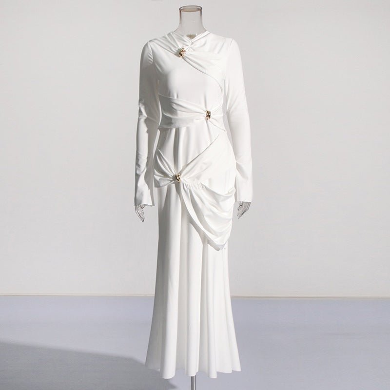 Crew neckline and shoulder brooch on draped abaya dress