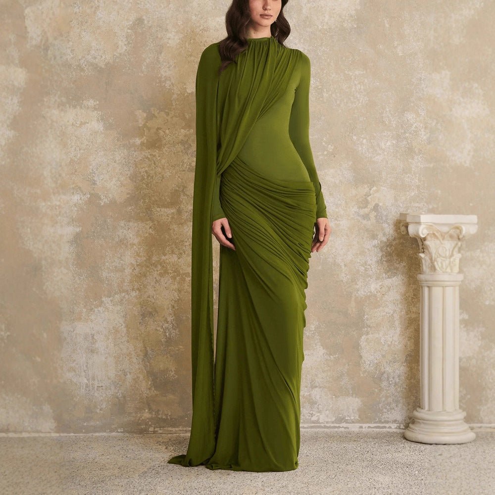 Draped Jersey Gown with Flowing Panel – Olive Green Abaya