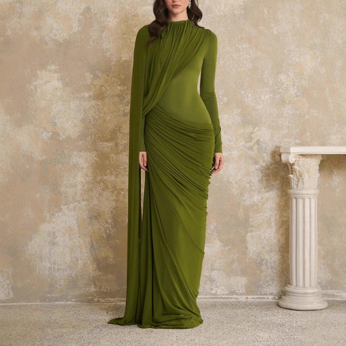 Draped Jersey Gown with Flowing Panel – Olive Green Abaya