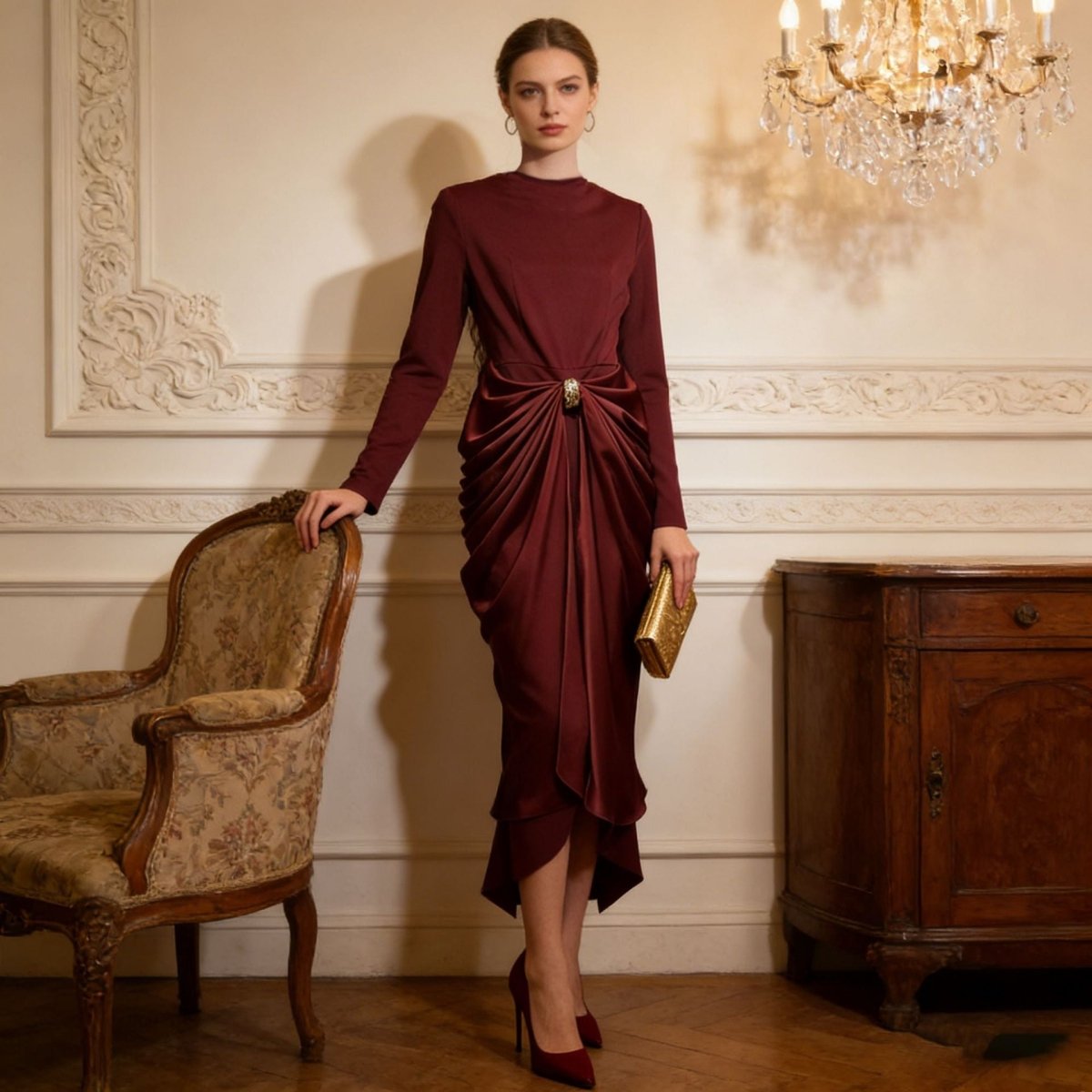 Draped Satin Skirt Dress with Jeweled Brooch(MS321) - Mariam's Collection