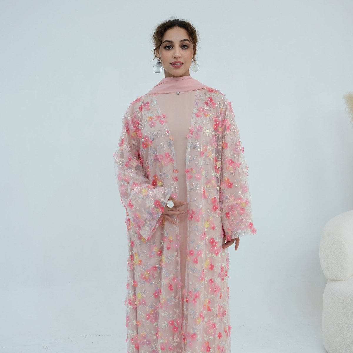 Dreamy 3D Flower Mesh Open Abaya Set(MOA313) - Mariam's Collection