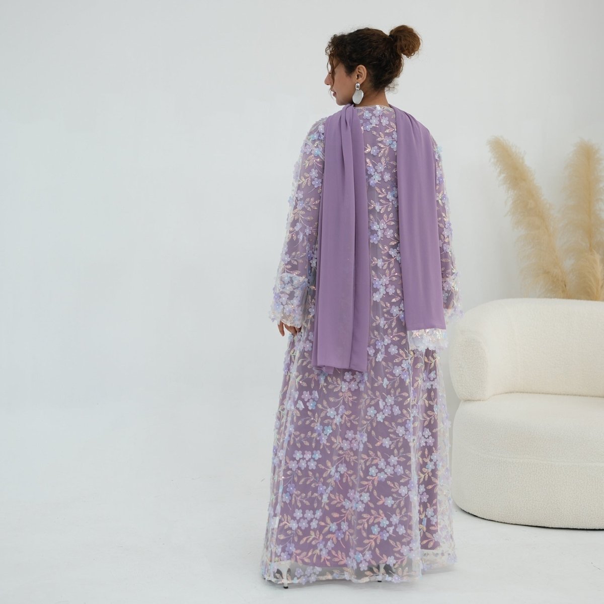 Dreamy 3D Flower Mesh Open Abaya Set(MOA313) - Mariam's Collection