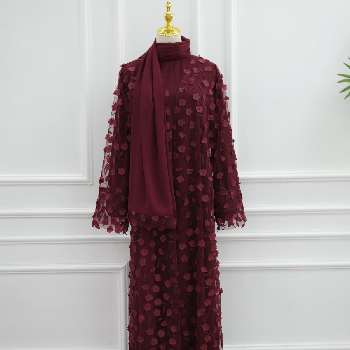 Dreamy 3D Flower Mesh Open Abaya Set(MOA313) - Mariam's Collection