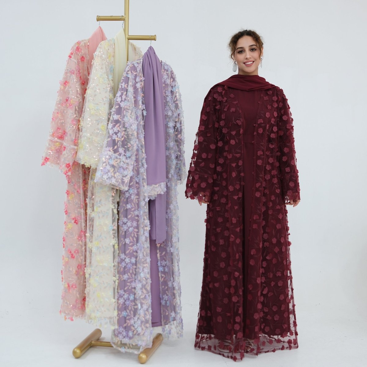 Dreamy 3D Flower Mesh Open Abaya Set(MOA313) - Mariam's Collection