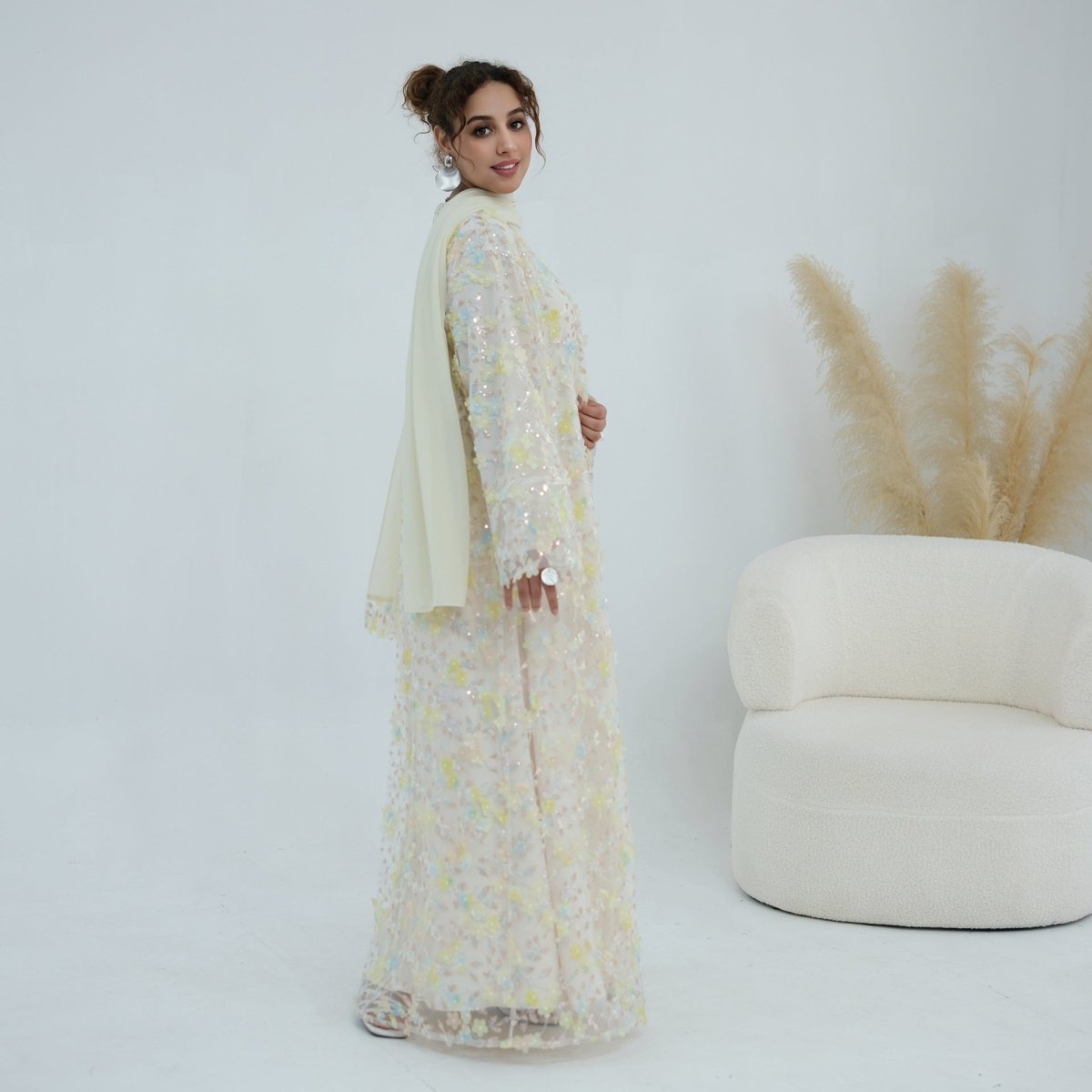 Dreamy 3D Flower Mesh Open Abaya Set(MOA313) - Mariam's Collection