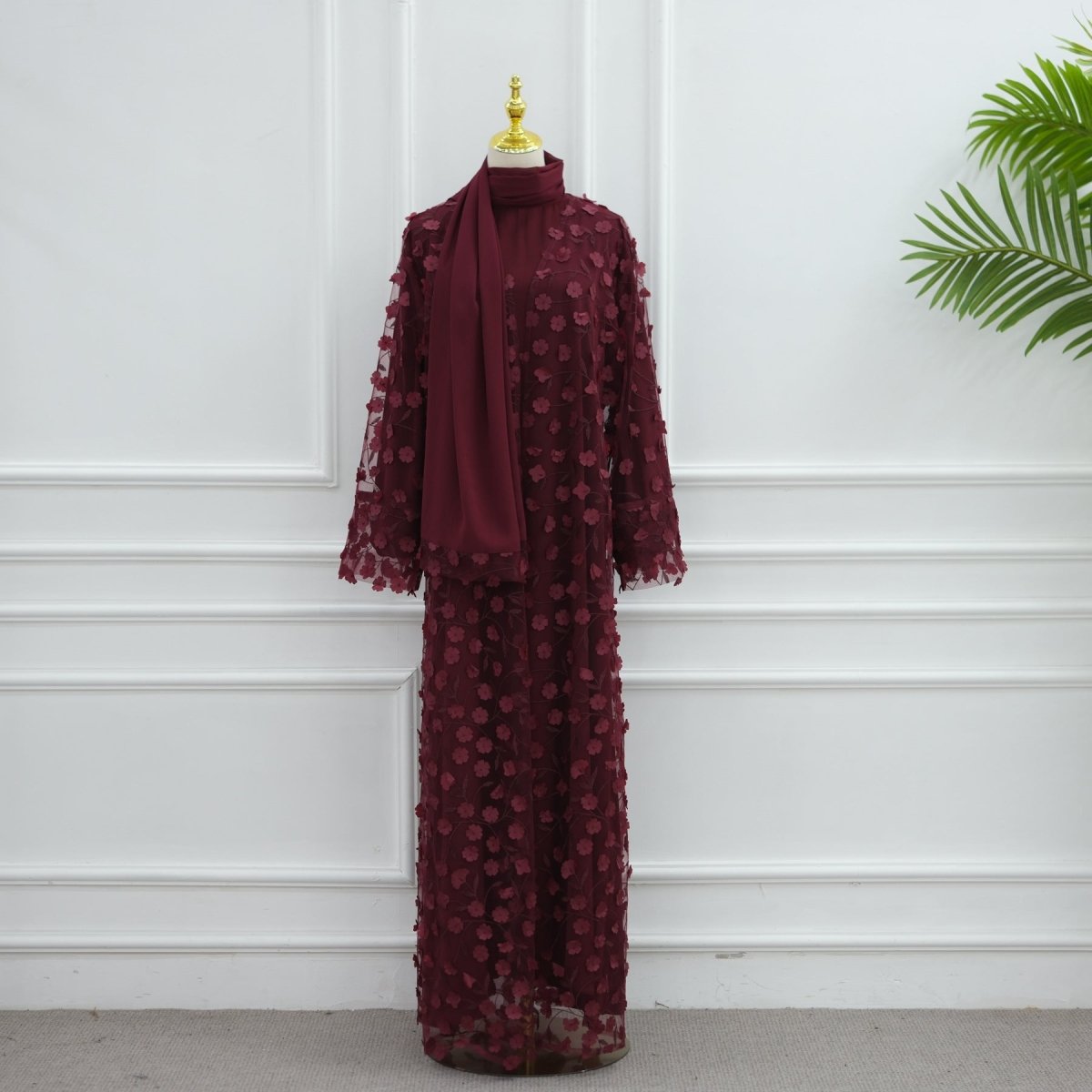 Dreamy 3D Flower Mesh Open Abaya Set(MOA313) - Mariam's Collection