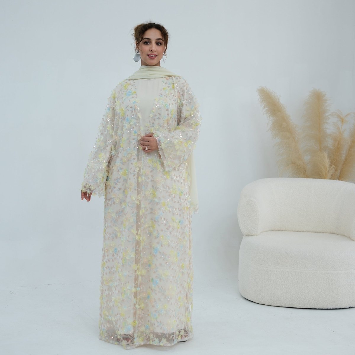 Dreamy 3D Flower Mesh Open Abaya Set(MOA313) - Mariam's Collection