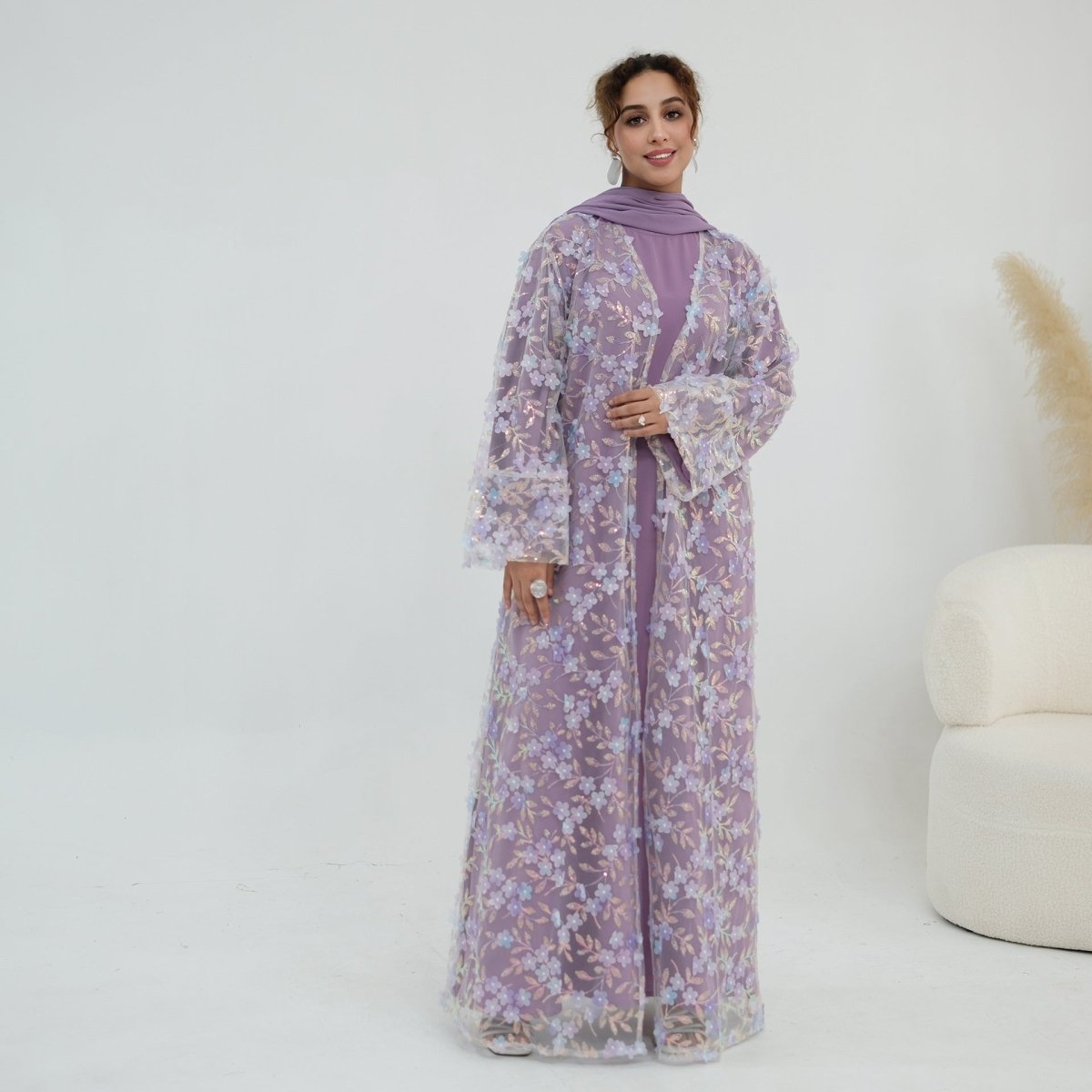 Dreamy 3D Flower Mesh Open Abaya Set(MOA313) - Mariam's Collection