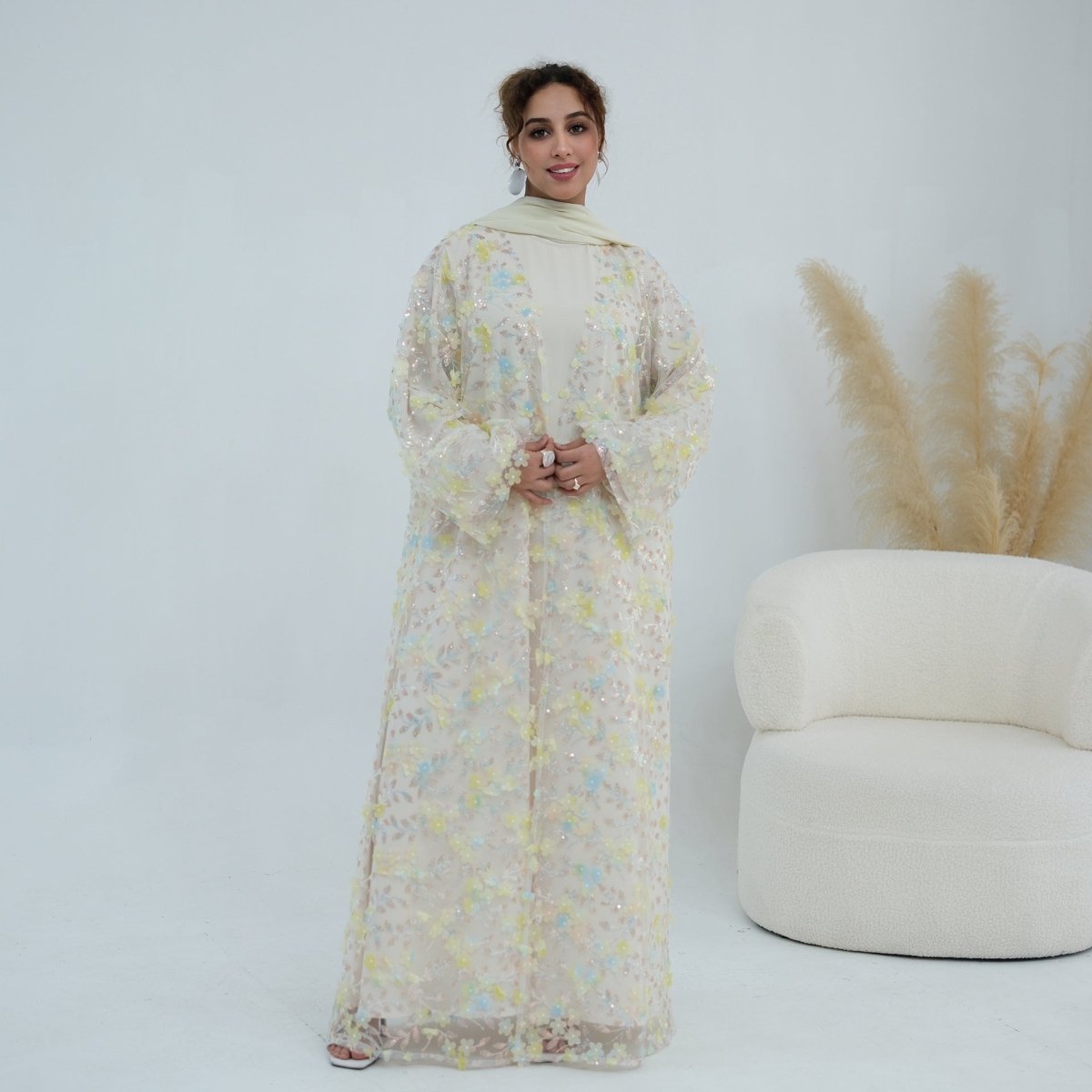Dreamy 3D Flower Mesh Open Abaya Set(MOA313) - Mariam's Collection