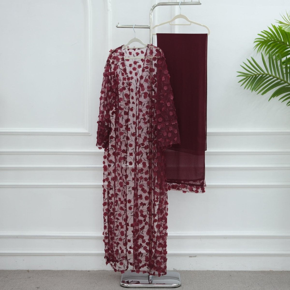 Dreamy 3D Flower Mesh Open Abaya Set(MOA313) - Mariam's Collection