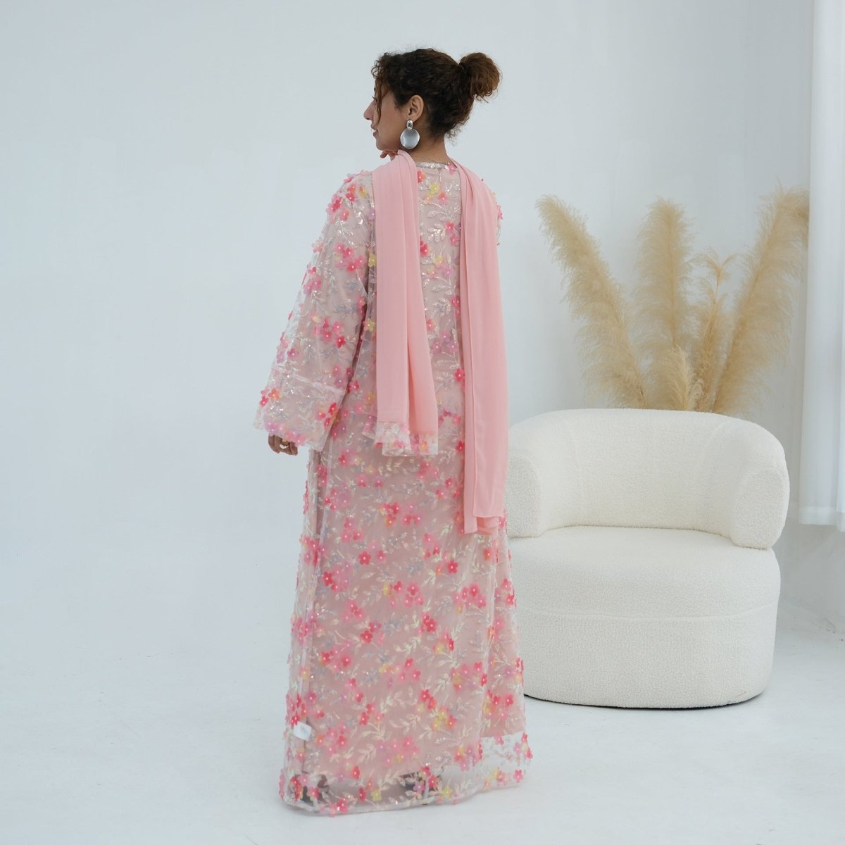 Dreamy 3D Flower Mesh Open Abaya Set(MOA313) - Mariam's Collection