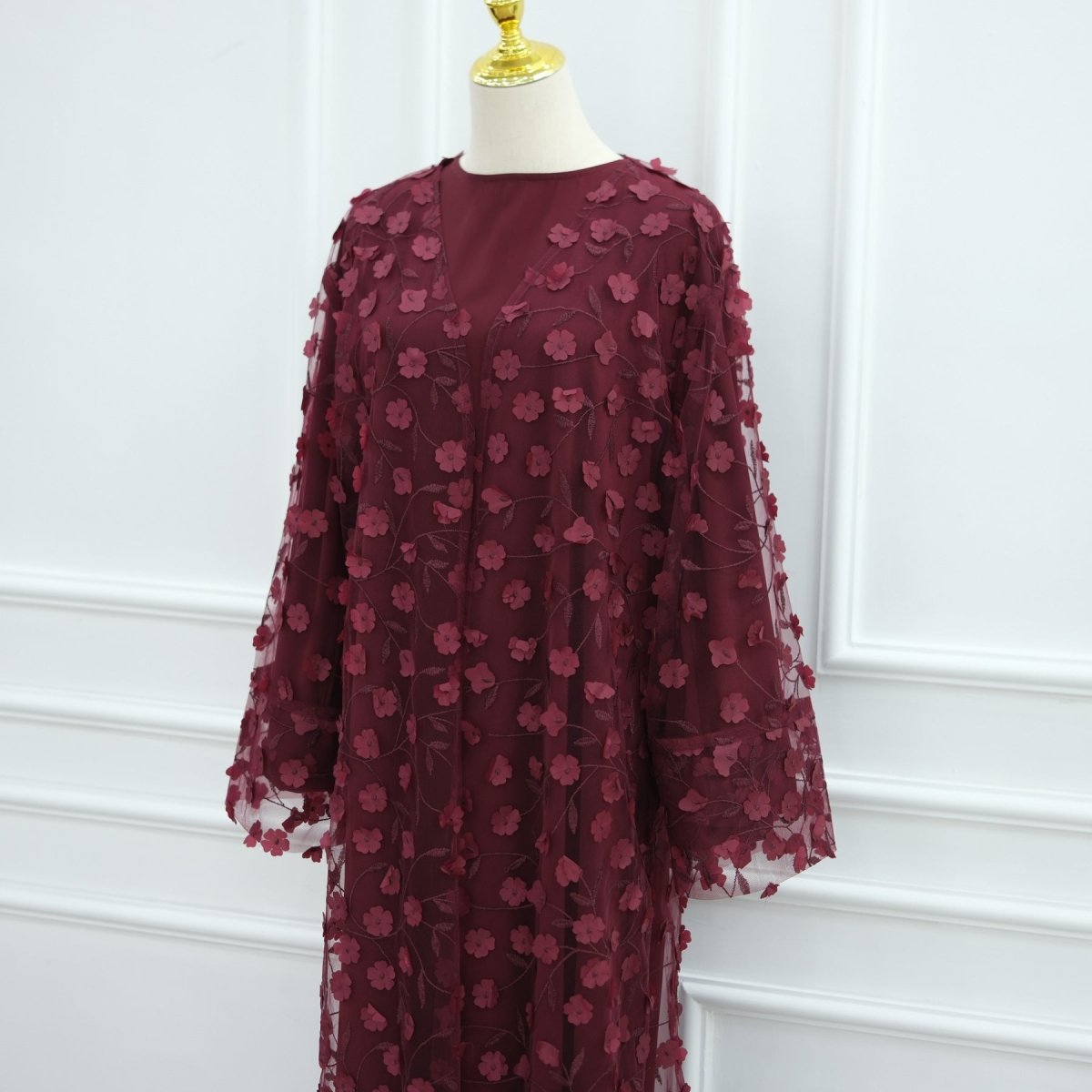 Dreamy 3D Flower Mesh Open Abaya Set(MOA313) - Mariam's Collection