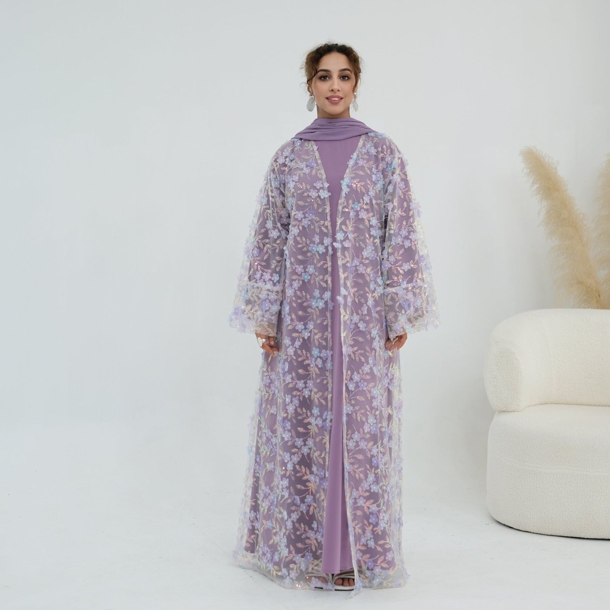 Dreamy 3D Flower Mesh Open Abaya Set(MOA313) - Mariam's Collection