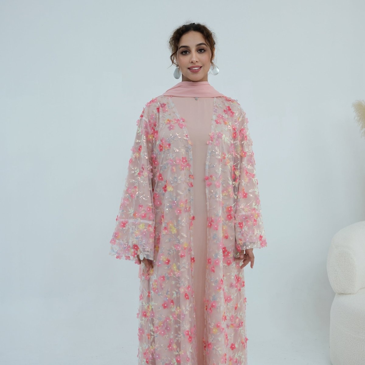 Dreamy 3D Flower Mesh Open Abaya Set(MOA313) - Mariam's Collection