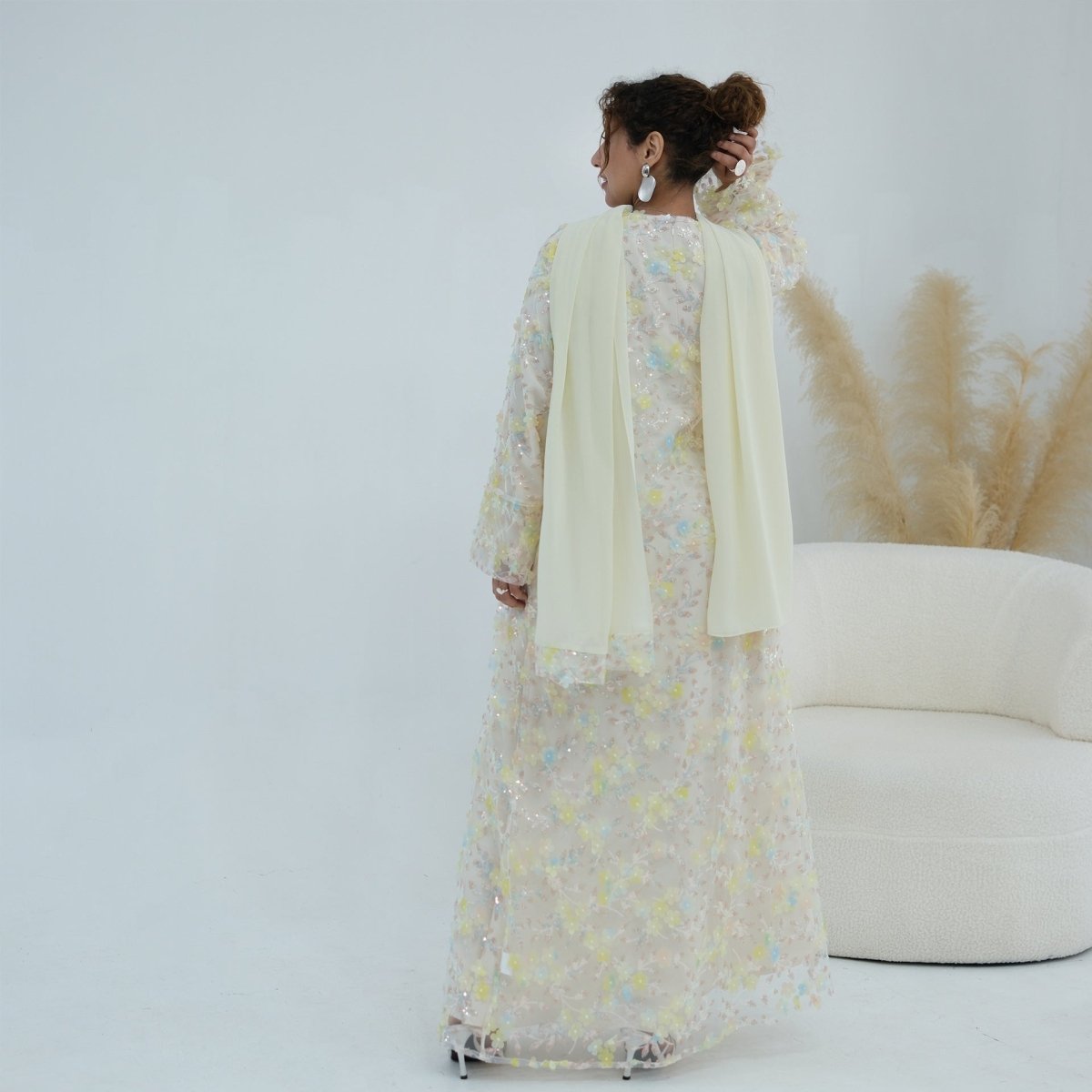 Dreamy 3D Flower Mesh Open Abaya Set(MOA313) - Mariam's Collection