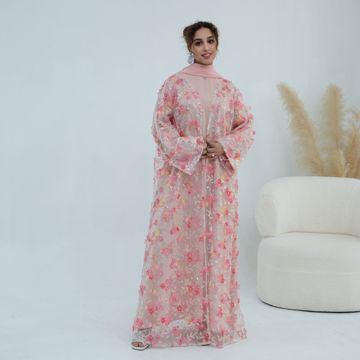 Dreamy 3D Flower Mesh Open Abaya Set(MOA313) - Mariam's Collection