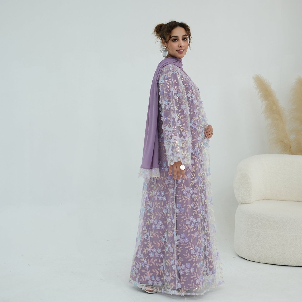 Dreamy 3D Flower Mesh Open Abaya Set(MOA313) - Mariam's Collection