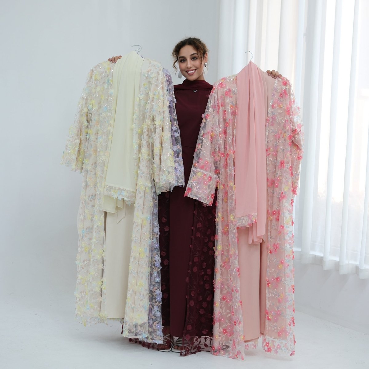 Dreamy 3D Flower Mesh Open Abaya Set(MOA313) - Mariam's Collection