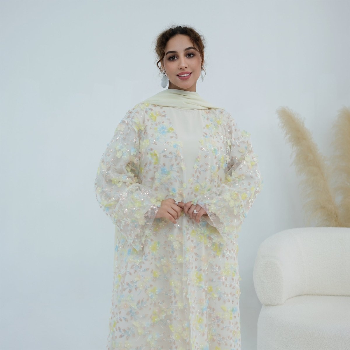 Dreamy 3D Flower Mesh Open Abaya Set(MOA313) - Mariam's Collection