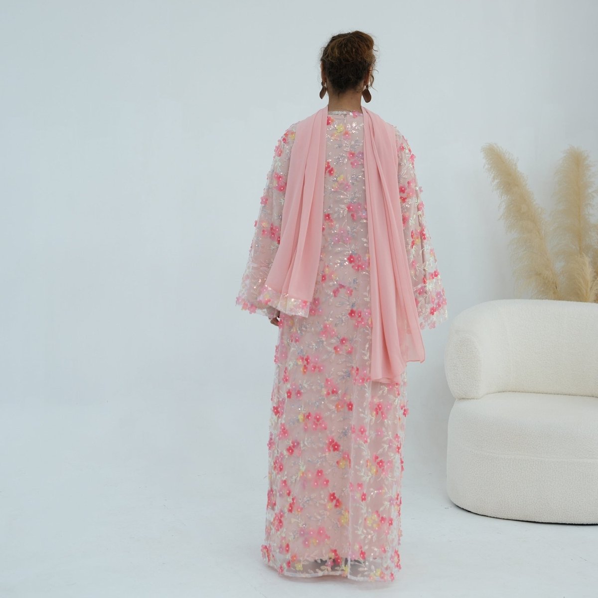 Dreamy 3D Flower Mesh Open Abaya Set(MOA313) - Mariam's Collection