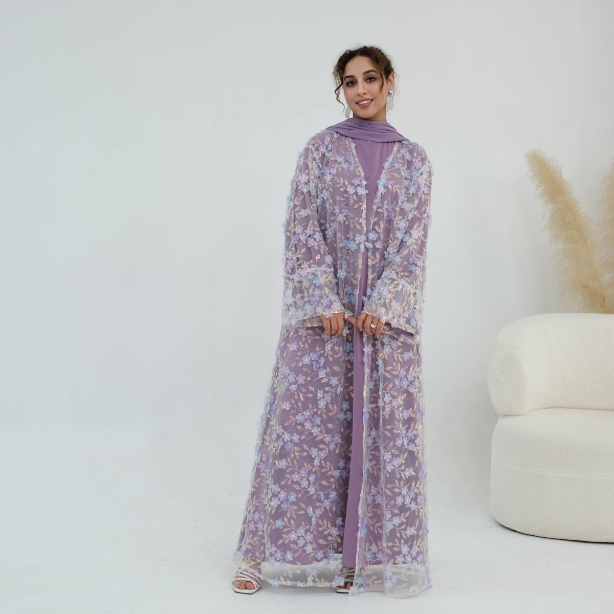 Dreamy 3D Flower Mesh Open Abaya Set(MOA313) - Mariam's Collection