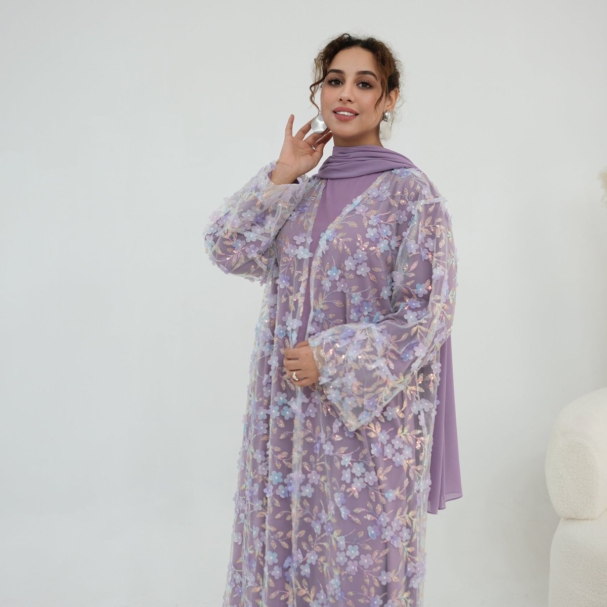 Dreamy 3D Flower Mesh Open Abaya Set(MOA313) - Mariam's Collection
