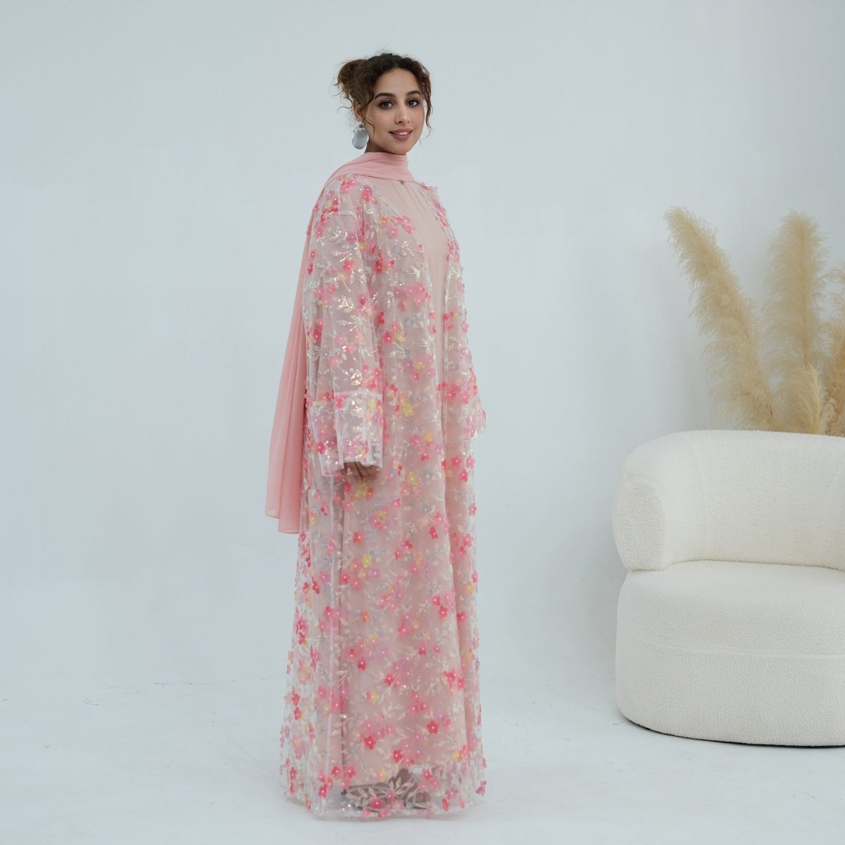 Dreamy 3D Flower Mesh Open Abaya Set(MOA313) - Mariam's Collection