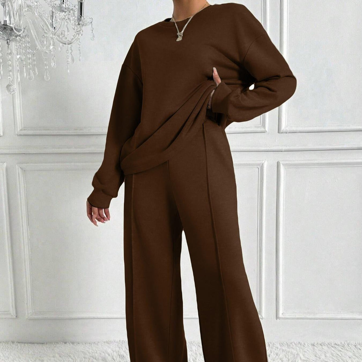Drop Shoulder Sweatshirt & Wide-Leg Trouser Co-ord Set(MS528) - Mariam's Collection