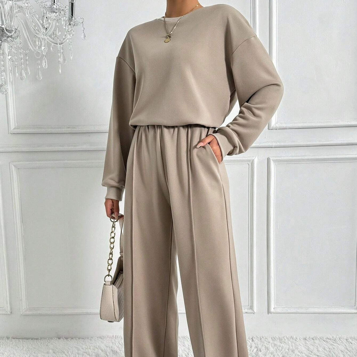 Drop Shoulder Sweatshirt & Wide-Leg Trouser Co-ord Set(MS528) - Mariam's Collection