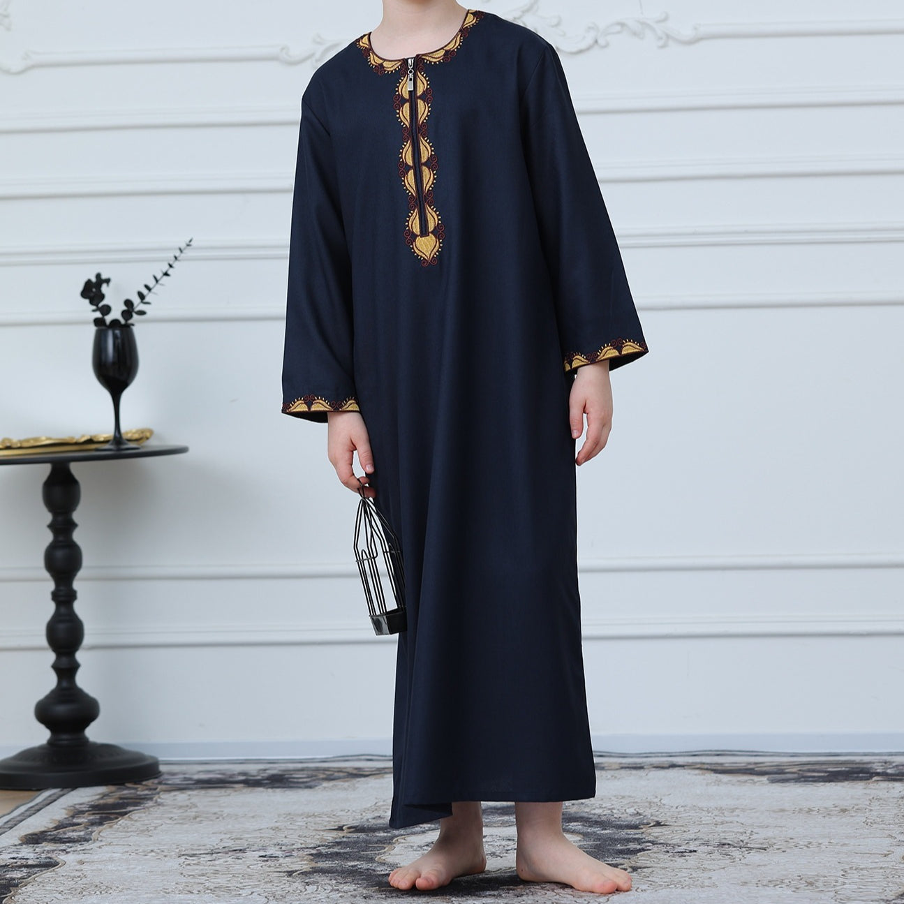 Boys Embroidered Thobe with Gold Trim(MKB017)